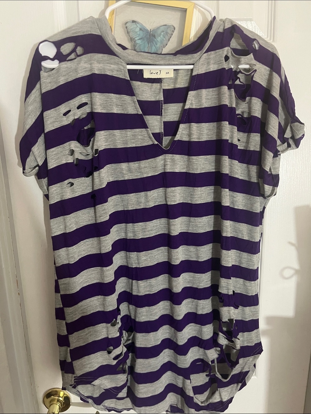 Love Striped Distressed V-Neck Top - Purple & Gray